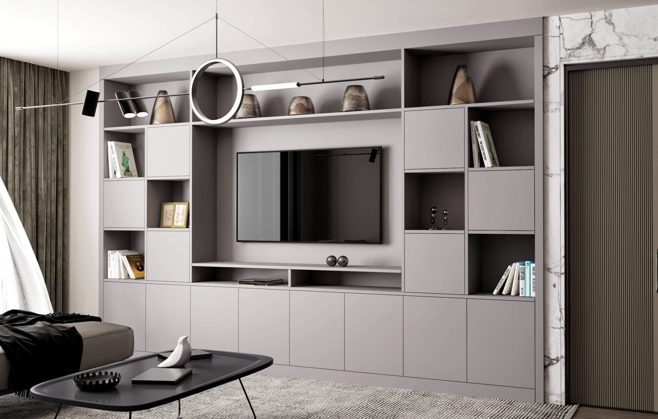 Premier style fitted media wall with cupboards and shelving cashmere