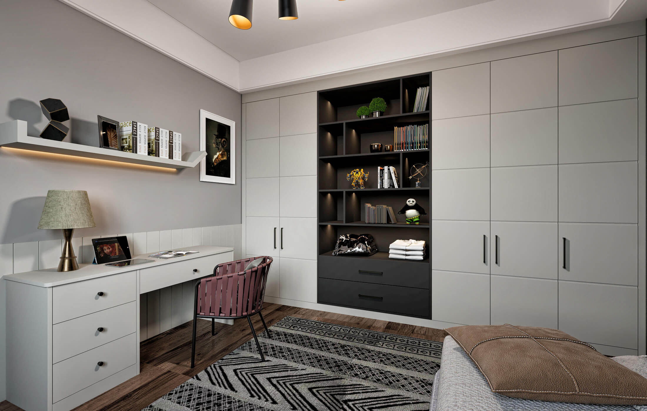 Rialto style fitted cupboards with bookcase light grey and graphite